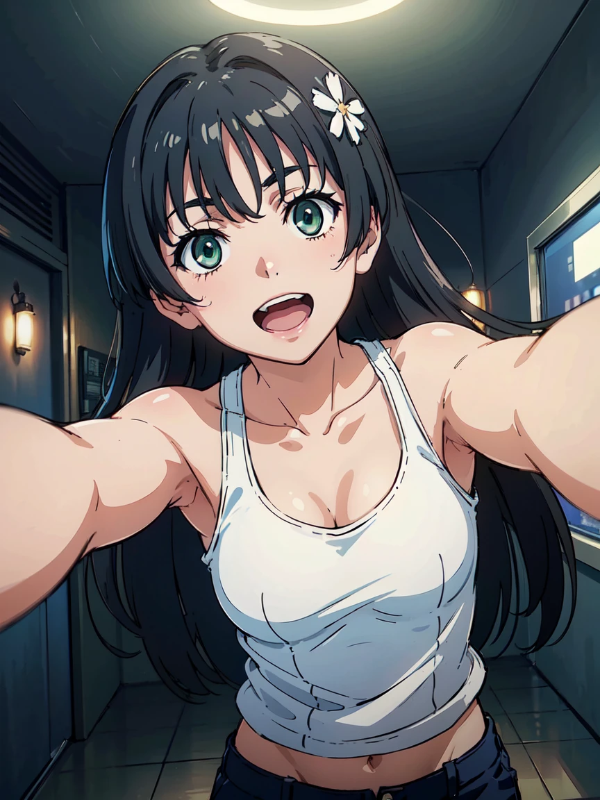 hug, (High resolution:1.4), (masutepiece:1.2), (High quality:1.3) 1girl, saten ruiko, green eyes, long hair, black hair, small breast, tank top, hot pants, cinematic lighting,  pov, dynamic angle, nsfw, open mouth, smile