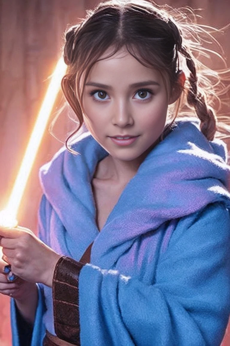 Star Wars, Jedi Master, woman, Beauty, Cute face, , Wearing a Jedi robe, Lightsaber in hand, The blade burns blue, Jedi Temple