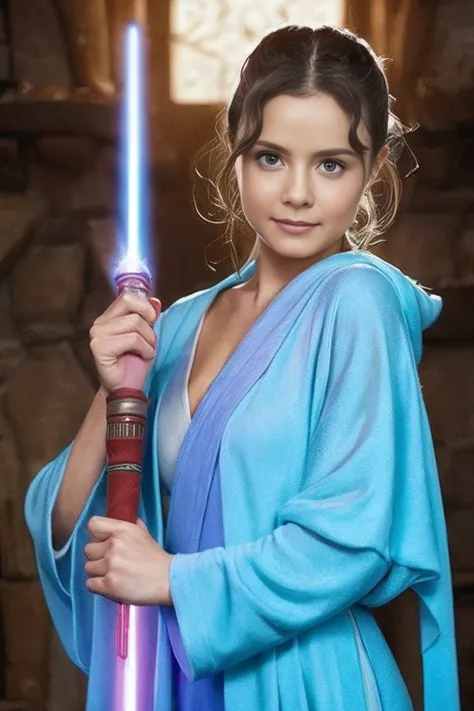 Star Wars, Jedi Master, woman, Beauty, Cute face, , Wearing a Jedi robe, Lightsaber in hand, The blade burns blue, Jedi Temple