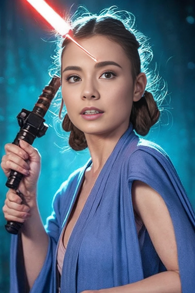 Star Wars, Jedi Master, woman, Beauty, Cute face, , Wearing a Jedi robe, Lightsaber in hand, The blade burns blue, Jedi Temple