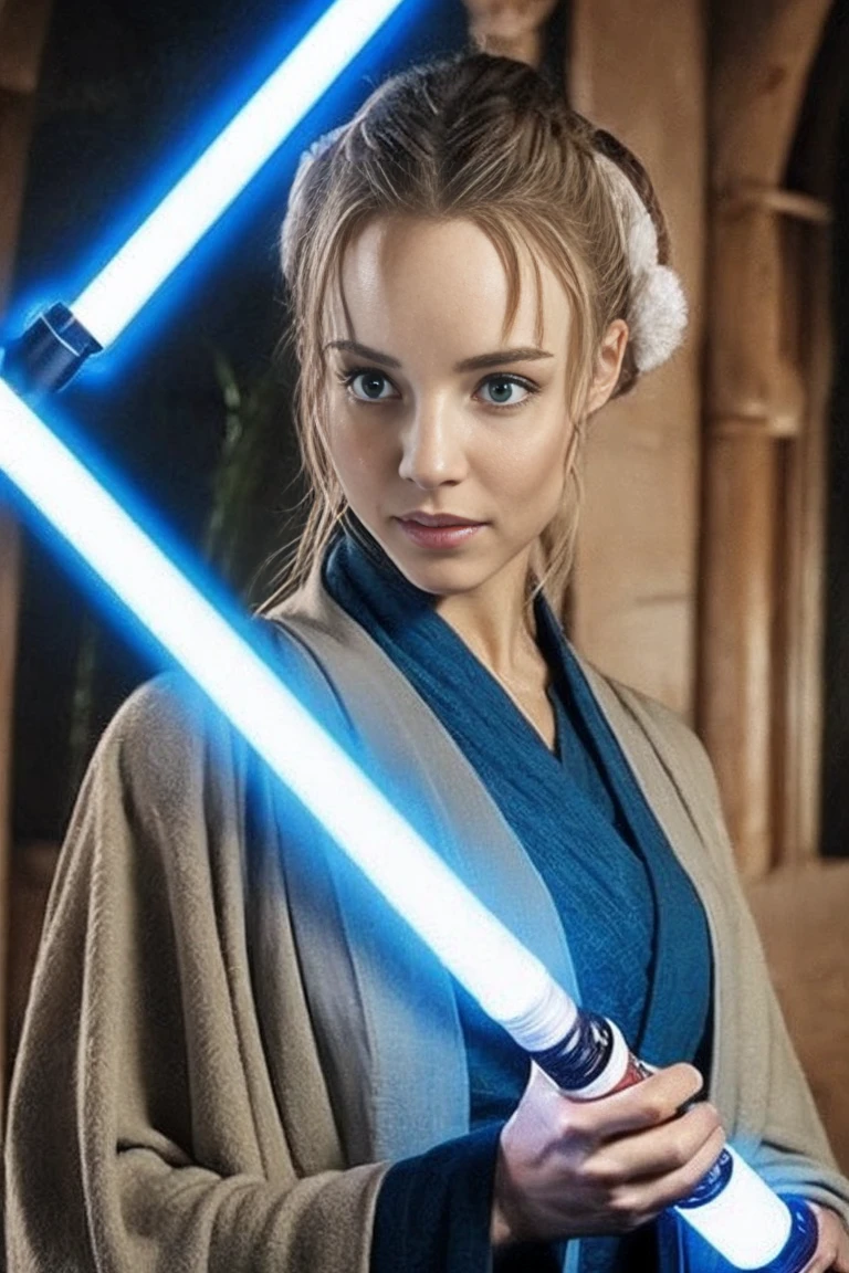 Star Wars, Jedi Master, woman, Beauty, Cute face, , Wearing a Jedi robe, Lightsaber in hand, The blade burns blue, Jedi Temple