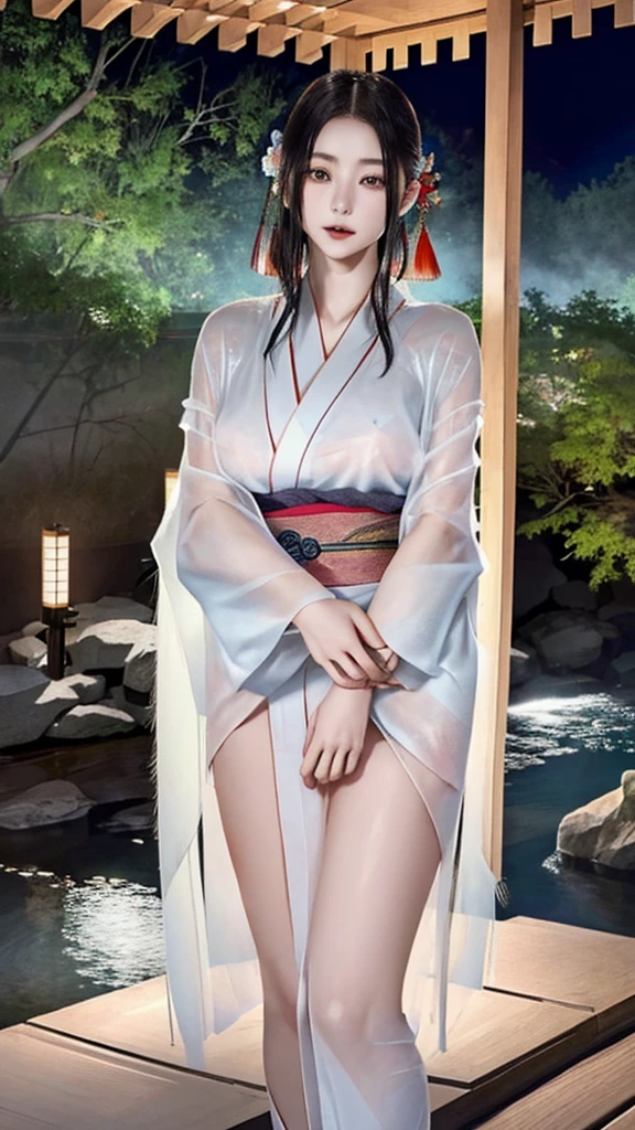 ((Waterfall basin on a moonlit night)),((Beautiful woman standing in the middle of a pond)),((beautiful half-naked woman in a beautiful waterfall basin)), ((Sharp and captivating eyes))、((sexly))、(((See-through kimono:1.3)))、((Kimono made of thin cloth wet with water:1)), Pale skin、(((One Girl:1))), ((Pale skin))、Melancholic beautiful face、beautiful expression、sexly顔、swollen nipples, (((Lower Breast)))、(((beautiful breasts ))), beautiful 、Knee-high boots、Super detailed face、Delicate eyes、(double eyelid)、 (((1. Japanese women)))、 Beauty, 20-year-old,((See-through kimono)), (Show off by wearing Japanese revealing clothes),