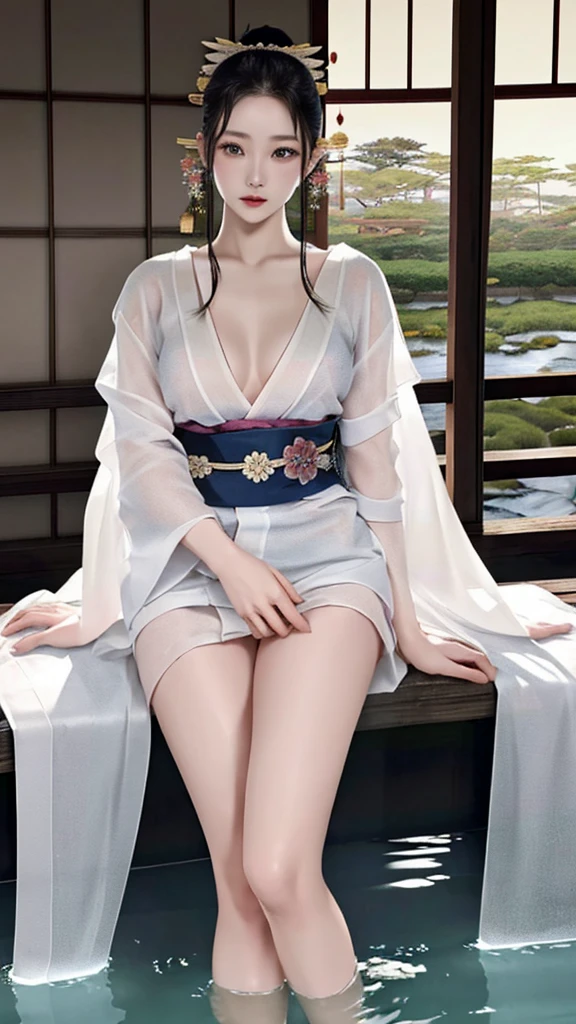 ((Waterfall basin on a moonlit night)),((Beautiful woman standing in the middle of a pond)),((beautiful half-naked woman in a beautiful waterfall basin)), ((Sharp and captivating eyes))、((sexly))、(((See-through kimono:1.3)))、((Kimono made of thin cloth wet with water:1)), Pale skin、(((One Girl:1))), ((Pale skin))、Melancholic beautiful face、beautiful expression、sexly顔、swollen nipples, (((Lower Breast)))、(((beautiful breasts ))), beautiful 、Knee-high boots、Super detailed face、Delicate eyes、(double eyelid)、 (((1. Japanese women)))、 Beauty, 20-year-old,((See-through kimono)), (Show off by wearing Japanese revealing clothes),