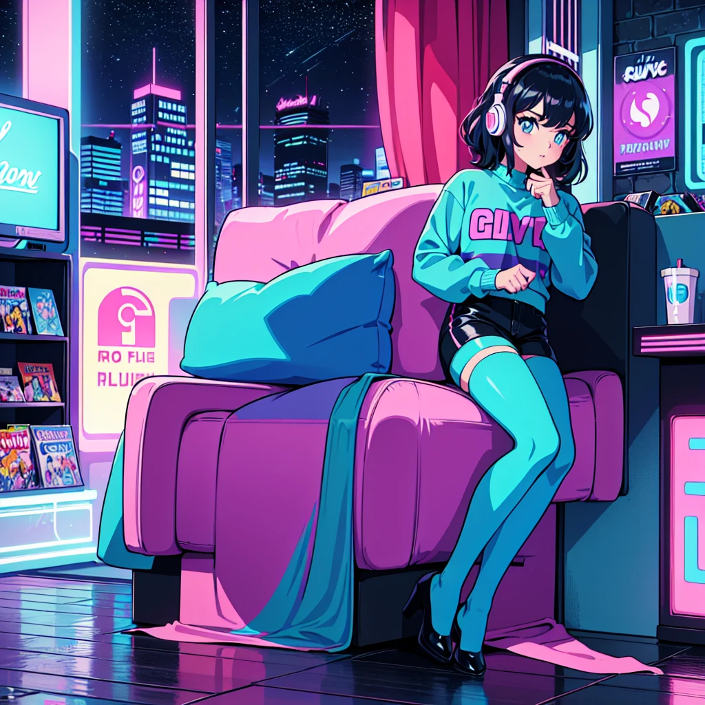 (masterpiece), Highest quality, Expressive eyes, Neon pastel aesthetics, Retro 90s, Neon color,((Girl sitting on sofa,In a cozy room,Records hanging on her wall, Comic books on the floor, Looking out the window behind her at the night city, Upholstered room, Anime figures lined up on a shelf)), Wearing headphones, (All around her it sparkles), (Wearing high socks and heels), (blue eyes), (Soft look), (Synthwave Art Style), Colorful Hair, Desk with PC set up