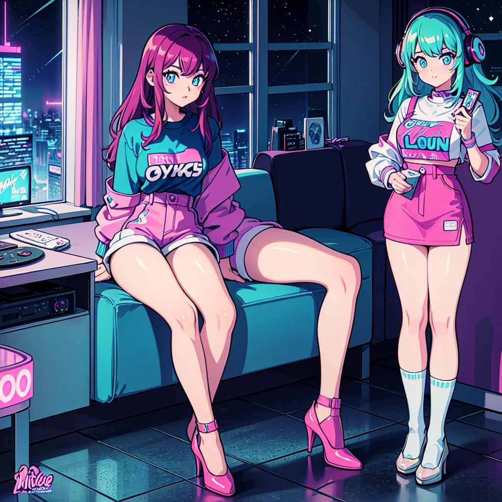 (masterpiece), Highest quality, Expressive eyes, Neon pastel aesthetics, Retro 90s, Neon color,((Girl sitting on sofa,In a cozy room,Records hanging on her wall, Comic books on the floor, Looking out the window behind her at the night city, Upholstered room, Anime figures lined up on a shelf)), Wearing headphones, (All around her it sparkles), (Wearing high socks and heels), (blue eyes), (Soft look), (Synthwave Art Style), Colorful Hair, Desk with PC set up