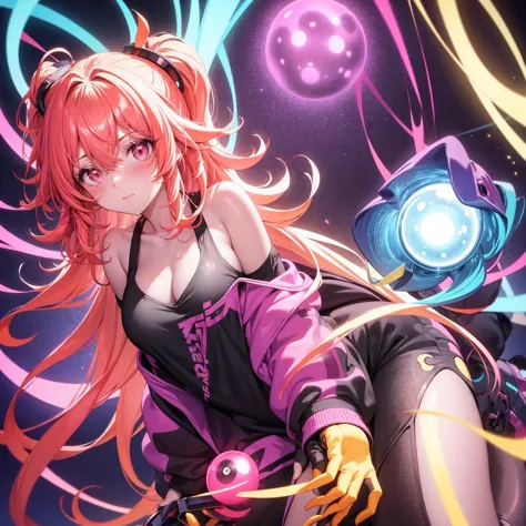  Anime shiny fluorescent curly hair, Color:Neon Purple、neon orange、Playing with metal yo-yos、Ultra HD、Masterpiece