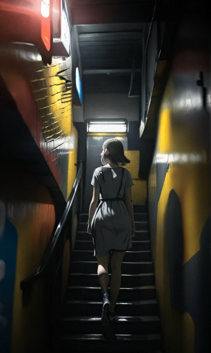 masterpiece,best quality,ultra detailed,(1girl:1.2),girl walking down subway stairs, back angle shot, high angle shot, dramatic lighting,female focus, centered, photoreal painting background
