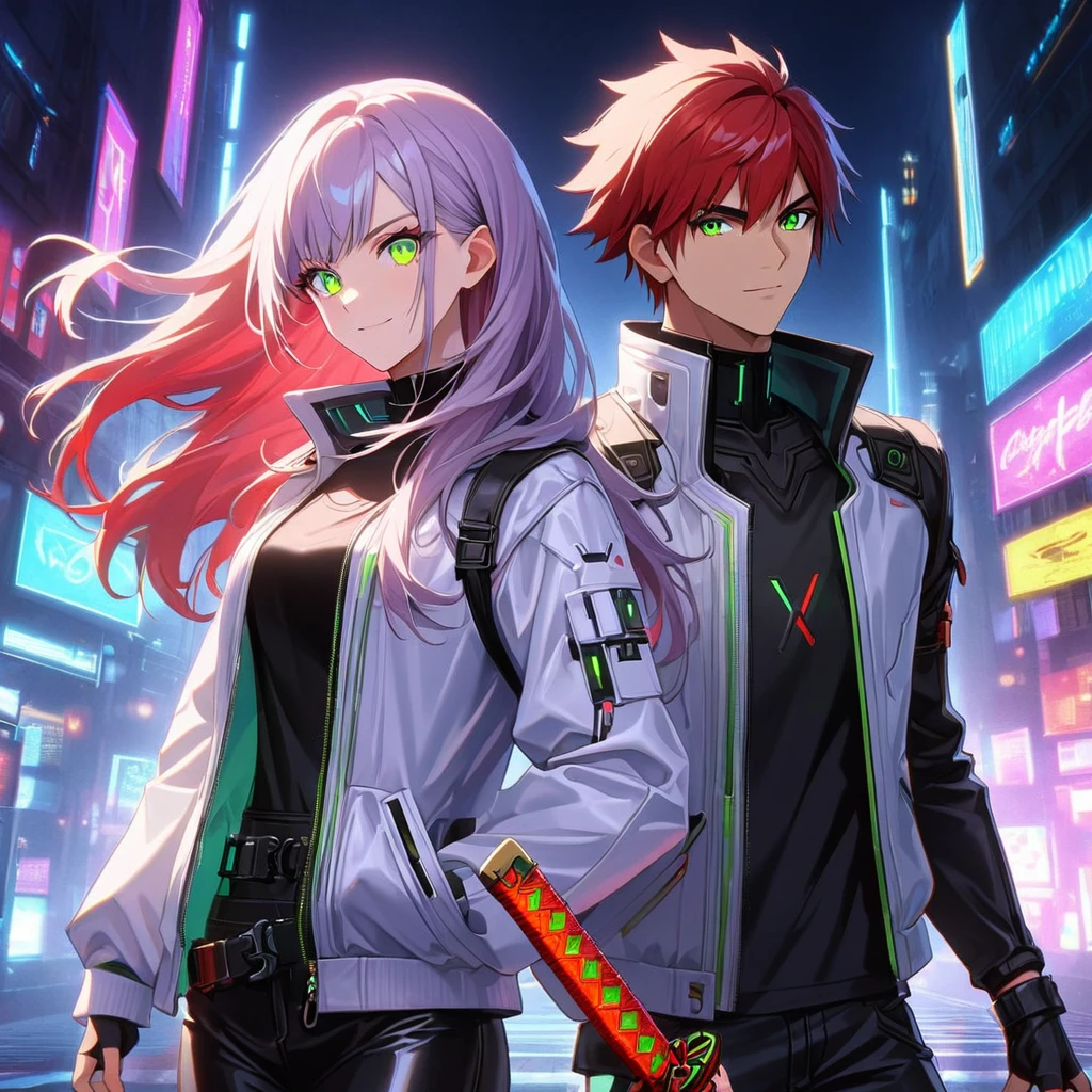 zwei Personen, A Mann and a girl , Mann (Kyo Kusanagi sieht ähnlich aus) hält ein perfektes Neon-Katana und trägt eine weiße Lederjacke und ein schwarzes T-Shirt, stehen und selbstbewusst posieren, selbstbewusstes Lächeln, cyberpunk, Nacht, fingerlose Handschuhe , Rote Haare, Neonaugen, ultradetailliertes Gesicht, and his gorgeous sister with white long hair and green Neonaugen, 