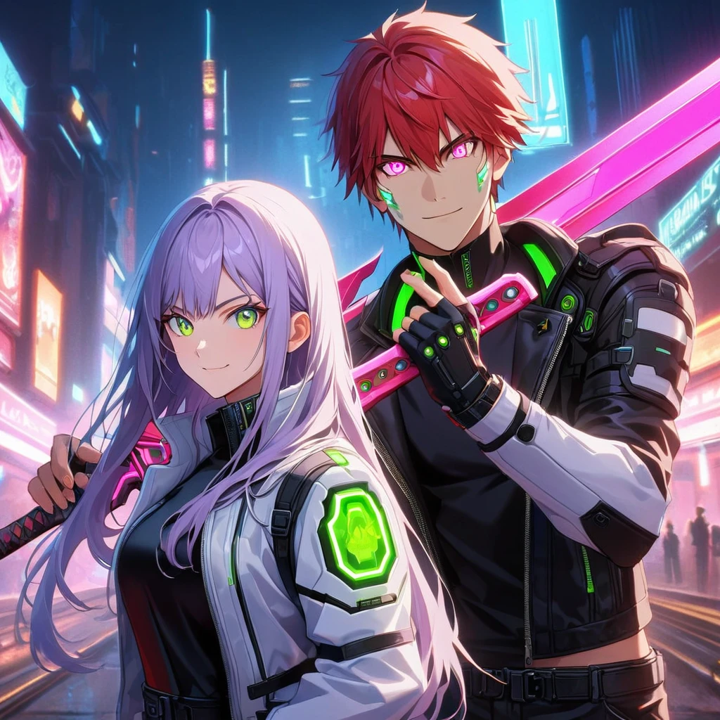 deux personnes, A homme and a girl , homme (Kyo Kusanagi ressemble à) tenant un katana néon parfait portant une veste en cuir blanche et un t-shirt noir, position debout et confiante, Sourire de confidente, cyberpunk, nuit, Gants sans doigts , cheveux roux, yeux néon, visage ultra détaillé, and his gorgeous sister with white long hair and green yeux néon, 