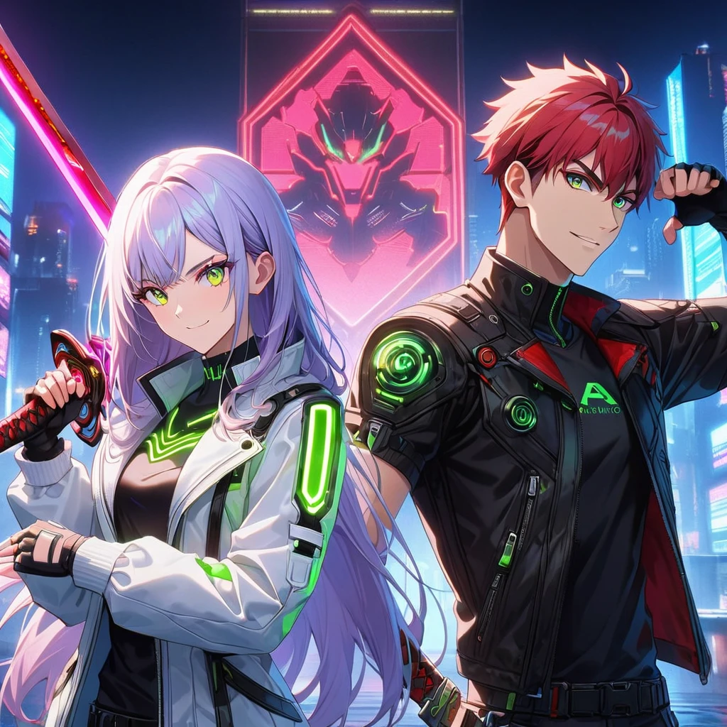 zwei Personen, A Mann and a girl , Mann (Kyo Kusanagi sieht ähnlich aus) hält ein perfektes Neon-Katana und trägt eine weiße Lederjacke und ein schwarzes T-Shirt, stehen und selbstbewusst posieren, selbstbewusstes Lächeln, cyberpunk, Nacht, fingerlose Handschuhe , Rote Haare, Neonaugen, ultradetailliertes Gesicht, and his gorgeous sister with white long hair and green Neonaugen, 