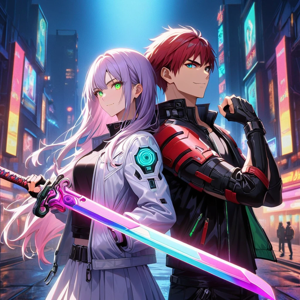 Duas pessoas, A homem and a girl , homem (Kyo Kusanagi se parece) segurando uma katana neon perfeita, vestindo uma jaqueta de couro branca e camiseta preta, ficar em pé e pose confiante, Sorriso Confidente, Ciberpunk, noite, luvas sem dedos , cabelo vermelho, olhos de néon, rosto ultra detalhado, and his gorgeous sister with white long hair and green olhos de néon, 