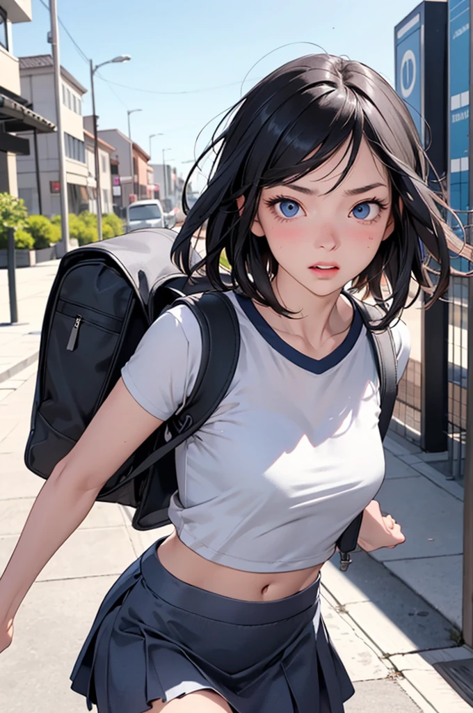 A girl wearing a T-shirt, a flared skirt, and a backpack, her skirt flips up: 1.5, When she turns around, she sees blue eyes, a blue sky, blushing: 1.1, a disgusted face: 1.0