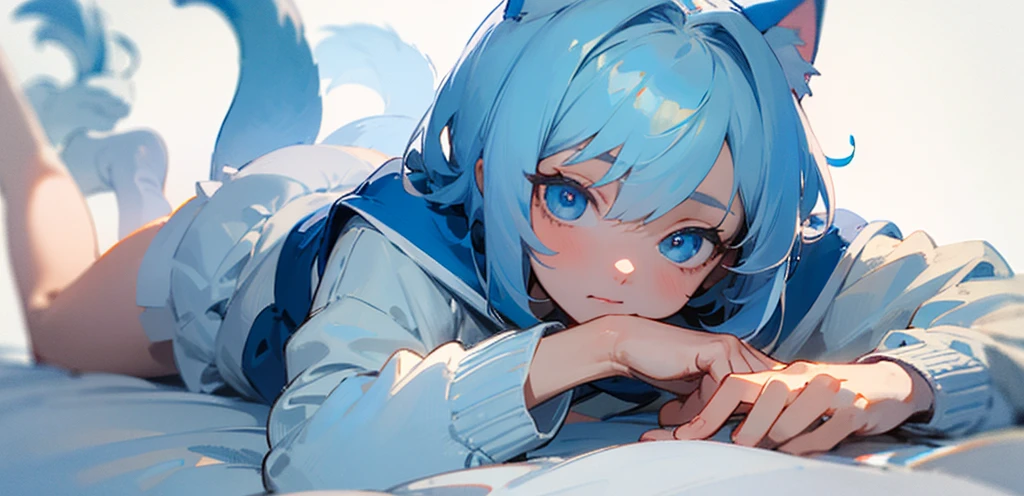 ((Best quality)), ((masterpiece)), (detailed), 1 anime from the edge, light blue hair, light blue eyes, lying in bed, white sweatshirt, lying on his stomach, looks at the camera, White background, perfect hands, cat&#39;s ears. stockings, long hair. perfect legs, 2 hands
