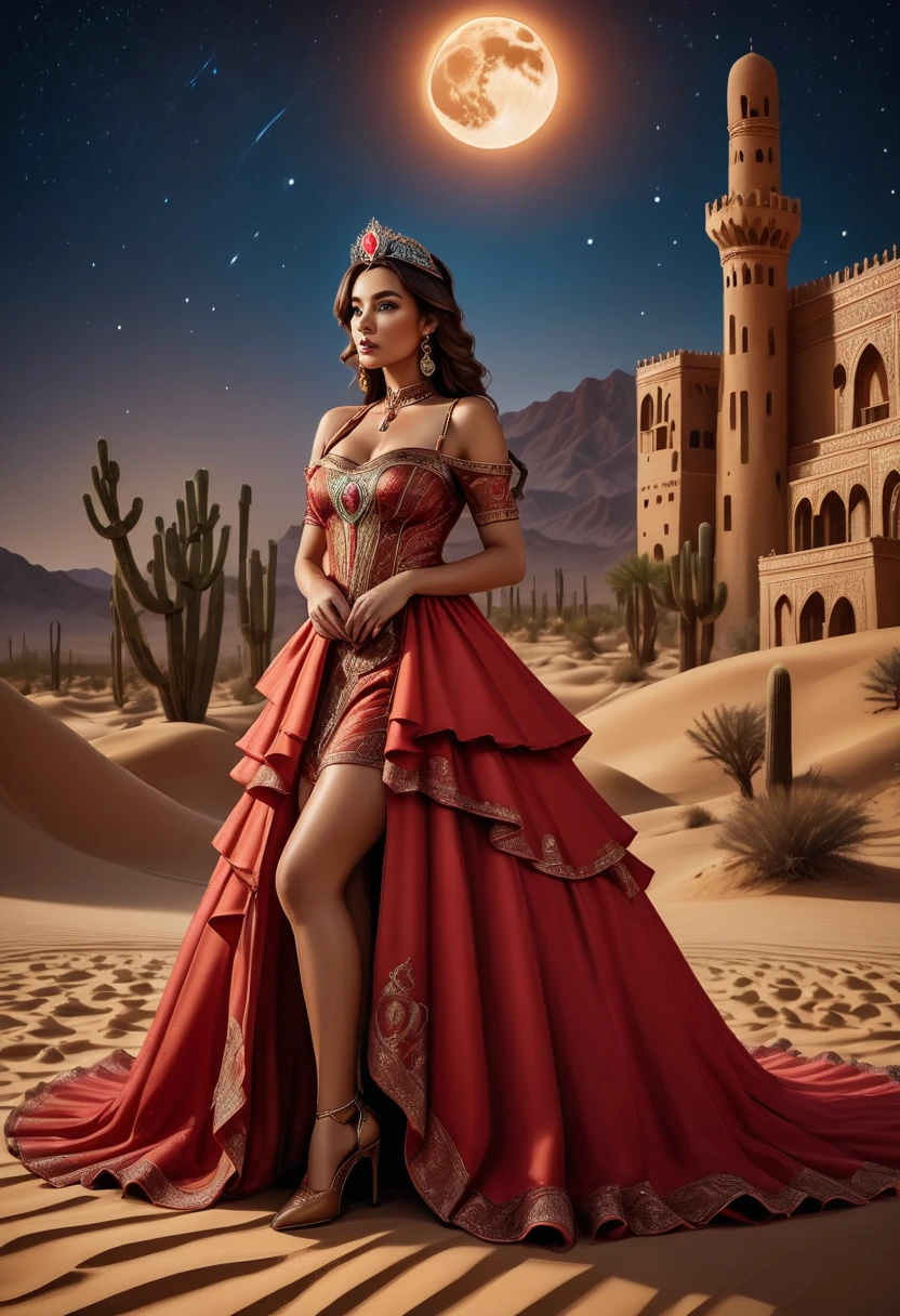 Arafed picture of a desert princess BREAK and her pet cougar in her palace high details, best quality, 16k, f a female human princess and her pet cougar, princess of the desert, full body, ((anatomically correct: 1.5)) ((standing: 1.5)) proudly royalty demeanor, a woman, (best detailed face: 1.5), Ultra Detailed face, wearing red royal desert dress, Arab design, decorated with gems, small cleavage, thigh high intricate leather high heeled boot, thick hair, long hair, brown hair, tan skin intense brown eyes, her desert large cougar lying at her feet, guarding her, an epic fantasy desert palace in an oasis in the background (intricate details, Masterpiece, best quality: 1.5) night, moon light, stars  ,Wide-Angle, award winning, best quality, high quality, high details, highres, vibrant, Ultra-high resolution, High Contrast, (masterpiece:1.5), highest quality, Best aesthetics, best details, best quality, highres, ultra wide angle, 16k, [ultra detailed], masterpiece, best quality, chumbasket art style, high heels, thighhighs, princess dress