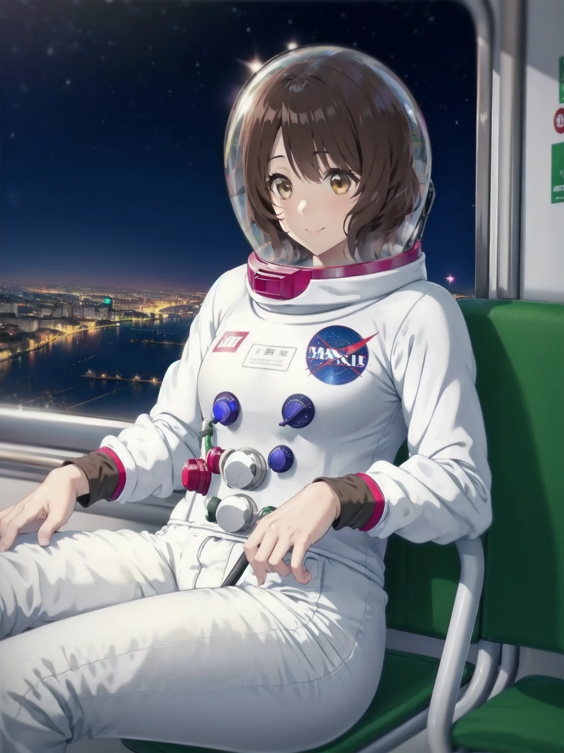 space helmet, (cinematic scene, sitting on a chair, train interior, , city view, night view: 1.5), space helmet, eva helmet, space suit, astronaut), smile bubble helmet, very detailed, speed helmet, bubble helmet, ,upper body, astronaut),eva helm, spacesuit , astronaut),girl, wearing a (spacesuit:1.15), white cargo pants, mask, kumiko oumae, (brown eyes:1.5), brown hair, short hair, wavy hair,