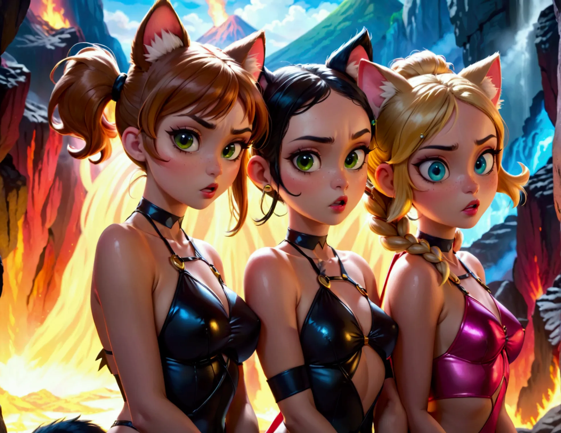 realistic powerpuff girls, 3 adult women, catgirl costumes, cat ears, cat tails, cat hair braids, nude bodies, orgy scene, insid...