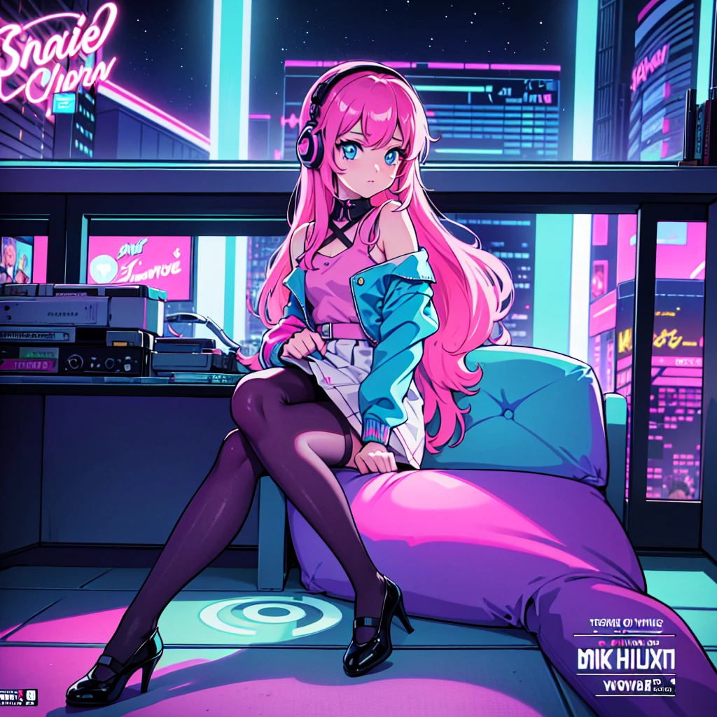 (masterpiece), Highest quality, Expressive eyes, Neon pastel aesthetics, Retro 90s, Neon color,((Girl sitting on sofa,In a cozy room,Records hanging on her wall, Comic books on the floor, Looking out the window behind her at the night city, Upholstered room, Anime figures lined up on a shelf)), Wearing headphones, (All around her it sparkles), (Wearing high socks and heels), (blue eyes), (Soft look), ((Synthwave Art Style)), Colorful Hair, Desk with PC set up