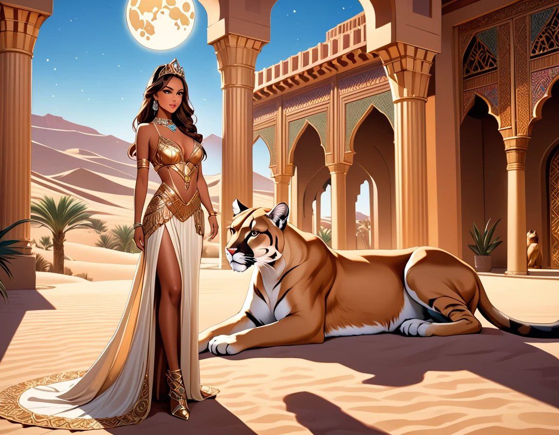 Arafed picture of a desert princess BREAK and her pet cougar in her palace high details, best quality, 16k, f a female human princess and her pet cougar, princess of the desert, full body, ((anatomically correct: 1.5)) ((standing: 1.5)) proudly royalty demeanor, a woman, (best detailed face: 1.5), Ultra Detailed face, wearing royal desert dress, decorated with gems, wearing princess tiara, small cleavage, thigh high intricate leather high heeled boot, thick hair, long hair, brown hair, tan skin intense brown eyes, her epic desert (cougar : 1.3) lying at her feet, guarding her, an epic fantasy desert palace in an oasis in the background (intricate details, Masterpiece, best quality: 1.5) night, moon light, stars  ,Wide-Angle, award winning, best quality, high quality, high details, highres, vibrant, Ultra-high resolution, High Contrast, (masterpiece:1.5), highest quality, Best aesthetics, best details, best quality, highres, ultra wide angle, 16k, [ultra detailed], masterpiece, best quality, chumbasket art style, Cinematic Hollywood Film, 