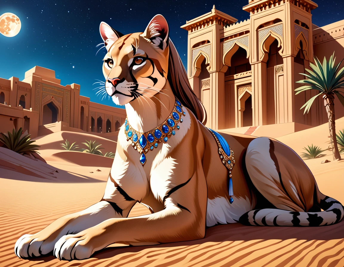 Arafed picture of a desert princess BREAK and her pet cougar in her palace high details, best quality, 16k, f a female human princess and her pet cougar, princess of the desert, full body, ((anatomically correct: 1.5)) ((standing: 1.5)) proudly royalty demeanor, a woman, (best detailed face: 1.5), Ultra Detailed face, wearing royal desert dress, decorated with gems, wearing princess tiara, small cleavage, thigh high intricate leather high heeled boot, thick hair, long hair, brown hair, tan skin intense brown eyes, her epic desert (cougar : 1.3) lying at her feet, guarding her, an epic fantasy desert palace in an oasis in the background (intricate details, Masterpiece, best quality: 1.5) night, moon light, stars  ,Wide-Angle, award winning, best quality, high quality, high details, highres, vibrant, Ultra-high resolution, High Contrast, (masterpiece:1.5), highest quality, Best aesthetics, best details, best quality, highres, ultra wide angle, 16k, [ultra detailed], masterpiece, best quality, chumbasket art style, Cinematic Hollywood Film, 