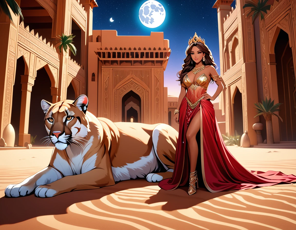 Arafed picture of a desert princess BREAK and her pet cougar in her palace high details, best quality, 16k, f a female human princess and her pet cougar, princess of the desert, full body, ((anatomically correct: 1.5)) ((standing: 1.5)) proudly royalty demeanor, a woman, (best detailed face: 1.5), Ultra Detailed face, wearing royal desert dress, decorated with gems, wearing princess tiara, small cleavage, thigh high intricate leather high heeled boot, thick hair, long hair, brown hair, tan skin intense brown eyes, her epic desert (cougar : 1.3) lying at her feet, guarding her, an epic fantasy desert palace in an oasis in the background (intricate details, Masterpiece, best quality: 1.5) night, moon light, stars  ,Wide-Angle, award winning, best quality, high quality, high details, highres, vibrant, Ultra-high resolution, High Contrast, (masterpiece:1.5), highest quality, Best aesthetics, best details, best quality, highres, ultra wide angle, 16k, [ultra detailed], masterpiece, best quality, chumbasket art style, Cinematic Hollywood Film, 