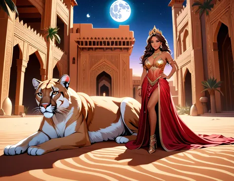 arafed picture of a desert princess break and her pet cougar in her palace high details, best quality, 16k, f a female human pri...