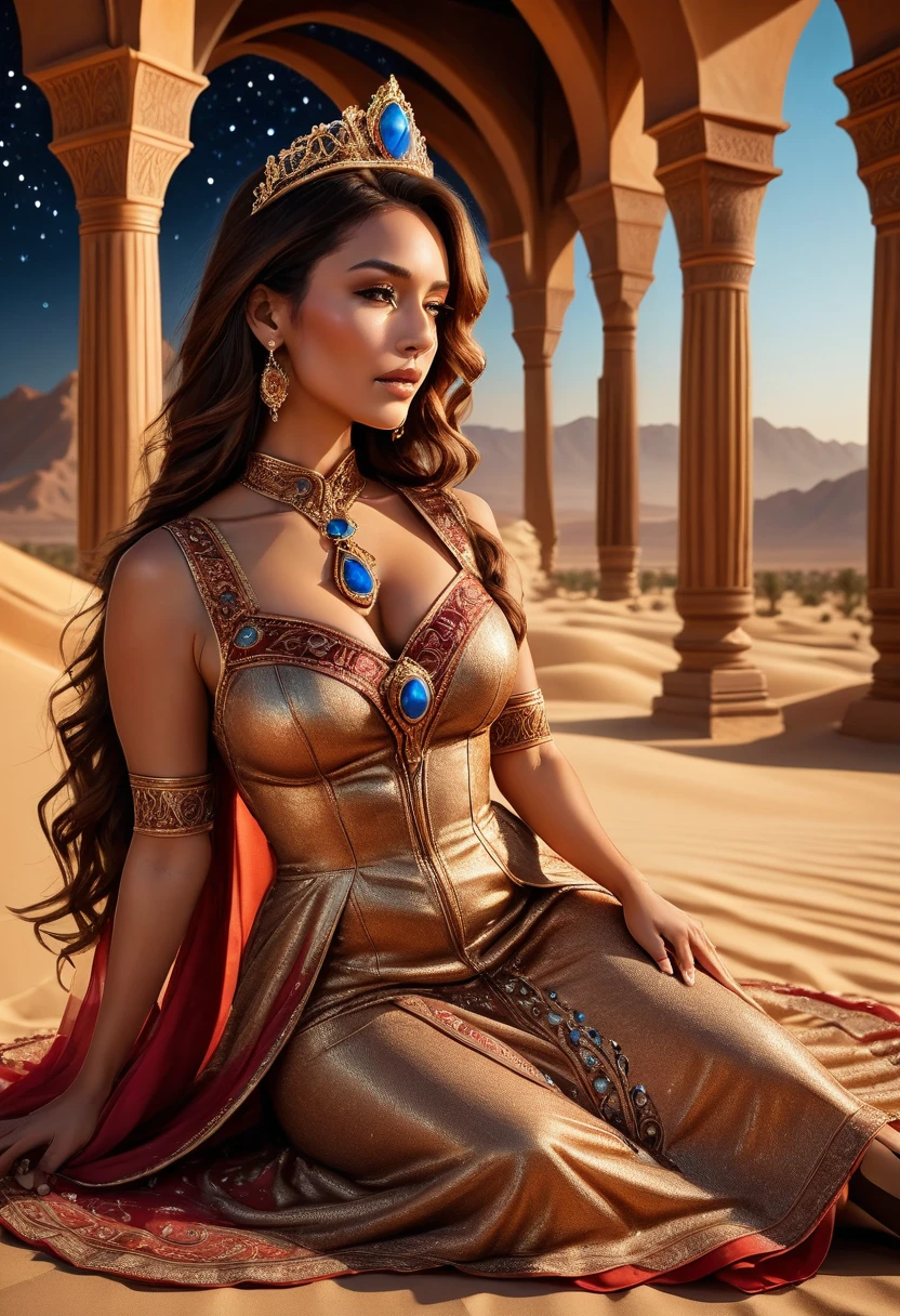 Arafed picture of a desert princess BREAK and her pet cougar in her palace 細部までこだわった, 最高品質, 16k, fa 女性の人間の王女と彼女のペットのクーガー, 砂漠の王女, 全身, ((解剖学的に正しい: 1.5)) ((立っている: 1.5)) 誇り高き王族の態度, 女性, (最も詳細な顔: 1.5), 超詳細な顔, 赤い王室の砂漠のドレスを着て, アラブデザイン, 宝石で飾られた, 小さな胸の谷間, 太ももまで届く精巧な革のハイヒールブーツ, 濃い髪, 長い髪, 茶髪, 日焼けした肌、濃い茶色の目, 彼女の叙事詩 (砂漠のクーガー: 1.3) 彼女の足元に横たわる, 彼女を守る, 背景のオアシスにある壮大なファンタジーの砂漠の宮殿 (複雑な詳細, 傑作, 最高品質: 1.5) 夜, 月の光, 出演者  ,広角の, 受賞歴, 最高品質, 高品質, 細部までこだわった, 高解像度, 活気のある, 超高解像度, ハイコントラスト, (傑作:1.5), 最高品質, 最高の美学, 最高の詳細, 最高品質, 高解像度, 超広角, 16k, [超詳細], 傑作, 最高品質, チャンバスケットのアートスタイル, ハイヒール, ニーソックス, プリンセスドレス