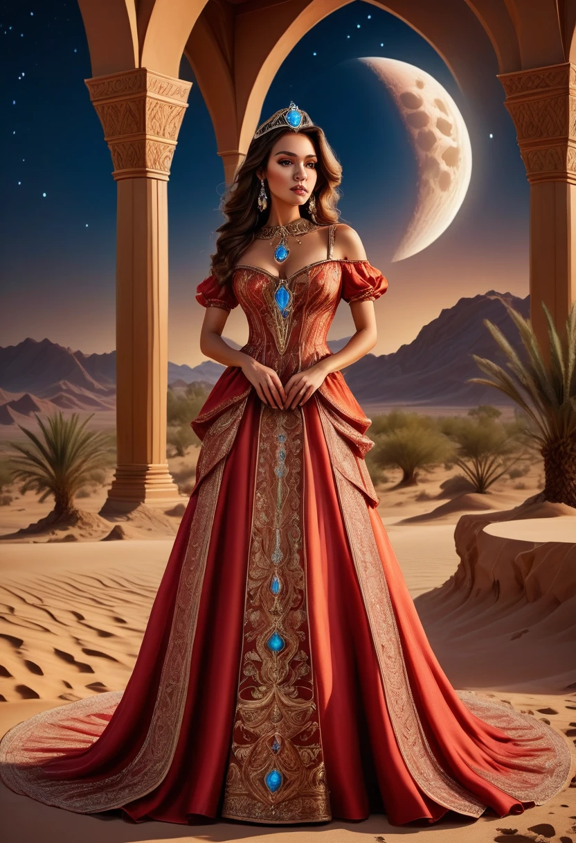 Arafed picture of a desert princess BREAK and her pet cougar in her palace high details, best quality, 16k, f a female human princess and her pet cougar, princess of the desert, full body, ((anatomically correct: 1.5)) ((standing: 1.5)) proudly royalty demeanor, a woman, (best detailed face: 1.5), Ultra Detailed face, wearing red royal desert dress, Arab design, decorated with gems, small cleavage, thigh high intricate leather high heeled boot, thick hair, long hair, brown hair, tan skin intense brown eyes, her epic (desert cougar: 1.3) lying at her feet, guarding her, an epic fantasy desert palace in an oasis in the background (intricate details, Masterpiece, best quality: 1.5) night, moon light, stars  ,Wide-Angle, award winning, best quality, high quality, high details, highres, vibrant, Ultra-high resolution, High Contrast, (masterpiece:1.5), highest quality, Best aesthetics, best details, best quality, highres, ultra wide angle, 16k, [ultra detailed], masterpiece, best quality, chumbasket art style, high heels, thighhighs, princess dress