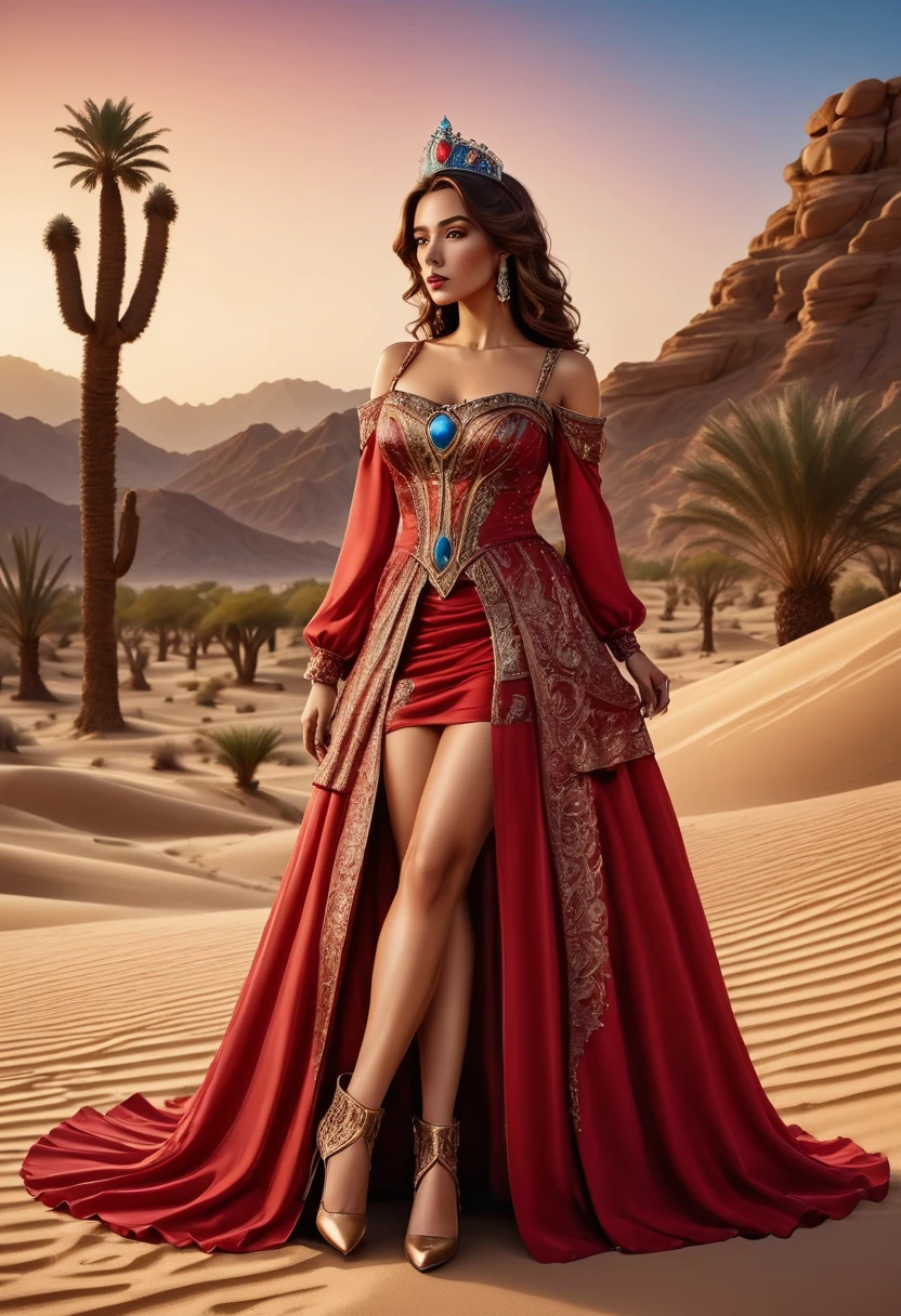 Arafed picture of a desert princess BREAK and her pet cougar in her palace high details, best quality, 16k, f a female human princess and her pet cougar, princess of the desert, full body, ((anatomically correct: 1.5)) ((standing: 1.5)) proudly royalty demeanor, a woman, (best detailed face: 1.5), Ultra Detailed face, wearing red royal desert dress, Arab design, decorated with gems, small cleavage, thigh high intricate leather high heeled boot, thick hair, long hair, brown hair, tan skin intense brown eyes, her epic (desert cougar: 1.3) lying at her feet, guarding her, an epic fantasy desert palace in an oasis in the background (intricate details, Masterpiece, best quality: 1.5) night, moon light, stars  ,Wide-Angle, award winning, best quality, high quality, high details, highres, vibrant, Ultra-high resolution, High Contrast, (masterpiece:1.5), highest quality, Best aesthetics, best details, best quality, highres, ultra wide angle, 16k, [ultra detailed], masterpiece, best quality, chumbasket art style, high heels, thighhighs, princess dress