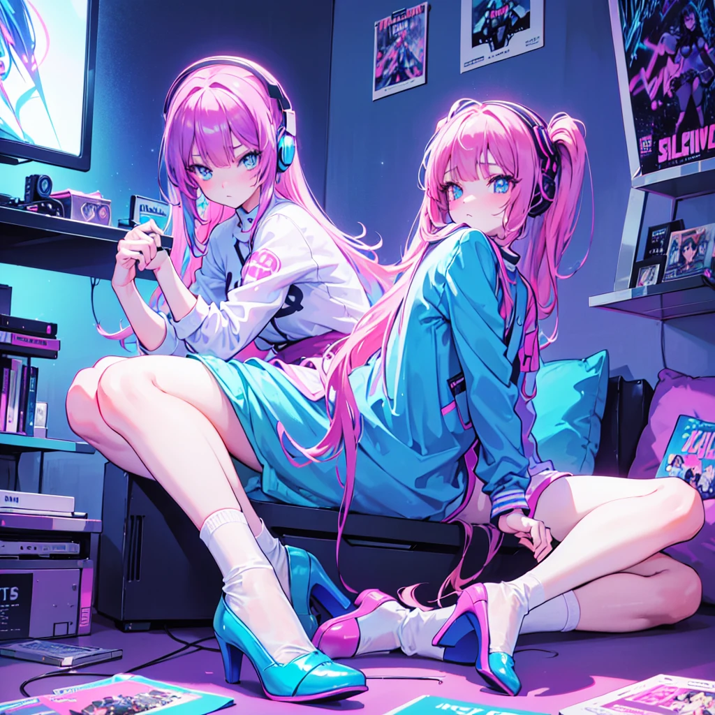 (masterpiece), Highest quality, Expressive eyes, Neon pastel aesthetics, Retro 90s, Neon color,((Girl sitting on sofa,In a cozy room,Records hanging on her wall, Comic books on the floor, Looking out the window behind her at the night city, Upholstered room, Anime figures lined up on a shelf)), Wearing headphones, (All around her it sparkles), (Wearing high socks and heels), (blue eyes), (Soft look), ((Synthwave Art Style)), Colorful Hair, Desk with PC set up