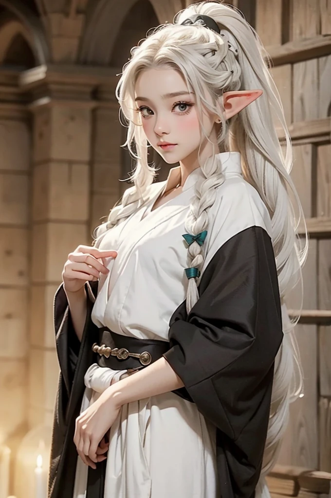 elf, young cute boy, long hair, braids, young, cute, ,medieval clothes, black and white clothes, jester, tanned skin, robe, portrait, ponytail
