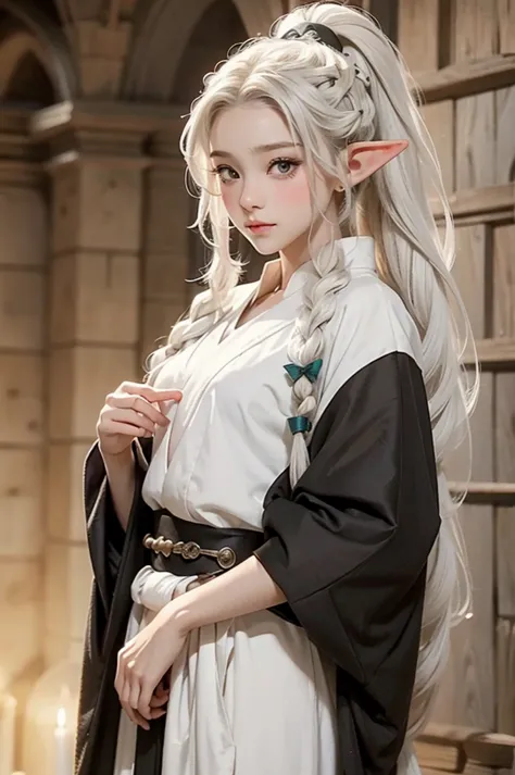 elf, young cute boy, long hair, braids, young, cute, ,medieval clothes, black and white clothes, jester, tanned skin, robe, port...