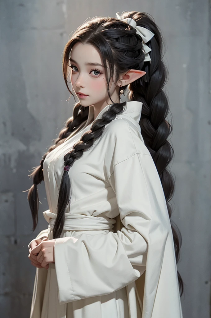 elf, young cute boy, long hair, braids, young, cute, ,medieval clothes, black and white clothes, jester, tanned skin, robe, portrait, ponytail
