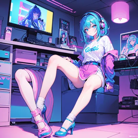 (masterpiece), highest quality, expressive eyes, neon pastel aesthetics, retro 90s, neon color,((girl sitting on sofa,in a cozy ...