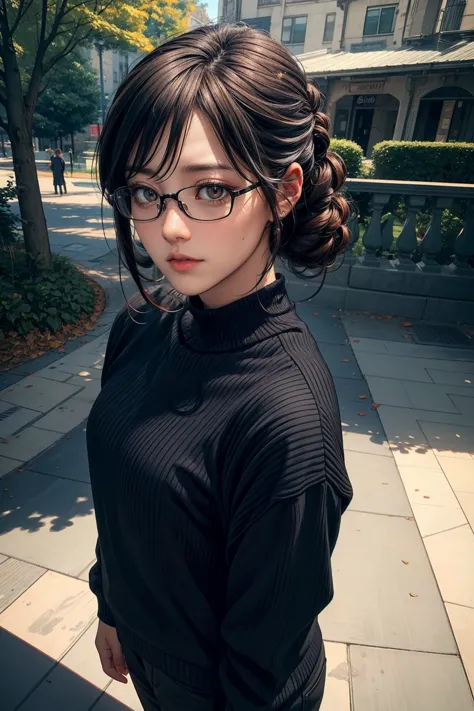 1girl, black updo hairstyle, glasses, wearing cream sweater, mini pants, black shoes, standing at the park, fullbody shot, smile...