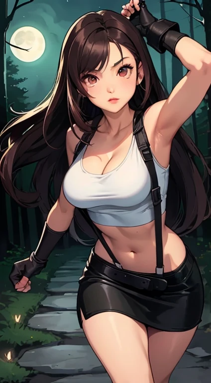 (((Full and soft breasts,)))(((Huge breasts))) (((Cleavage))) (Perfect curvy figure)masterpiece, best quality, Tifa Lockhart, Final Fantasy VII, 1 Girl, Anime style, cell-shaded, Black long hair, Reddish brown iris, Medium breasts, Small waist, Perfect body, Athlete physique, Very detailed, Expressive eyes, Perfect face, White cropped top, cleveage, Elbow pads, Fingerless gloves, Suspenders, Black leather miniskirt, Looking at the audience, walk, front Photo, (background: outdoor, In the woods, night, Moonlight shining on the forest floor)
