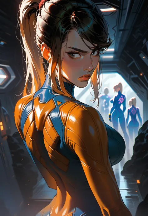 samus aran, looking annoyed, from behind, looking back, raised eyebrow, zero suit, large breasts, big ass, close up, dark painti...