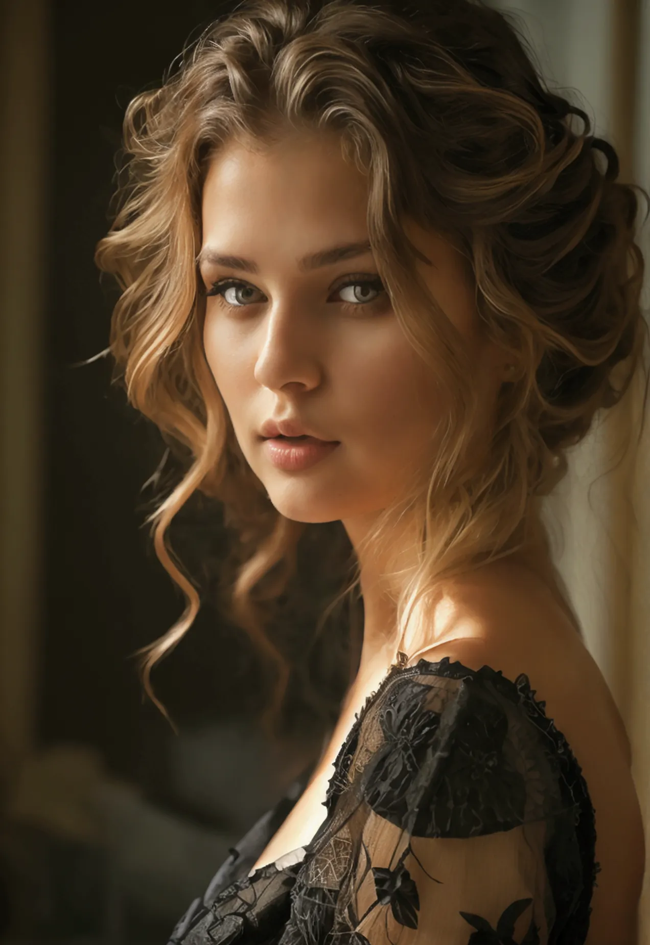 A Beautiful woman with loose wavy hair in a Wearing an elegant black dress. Detailed face, detailed eyes, detailed body, portre ...