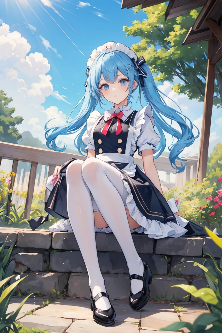 （tmasterpiece：2.0，best qualtiy），（Fine beautiful eyes：2.0），ph_rem，Remhd，1girll，Blue hair，solo，eBlue eyes，x hair accessories，legs ornaments，Bow knot，Long thick socks，lacepantyhose，Lolita heels，Lolita shoes，Rossvale Mansion maid uniform，full bodyesbian，Two hands，two legs，Photo art，maidennurse，Skysky，rays of sunshine，the trees，wave，