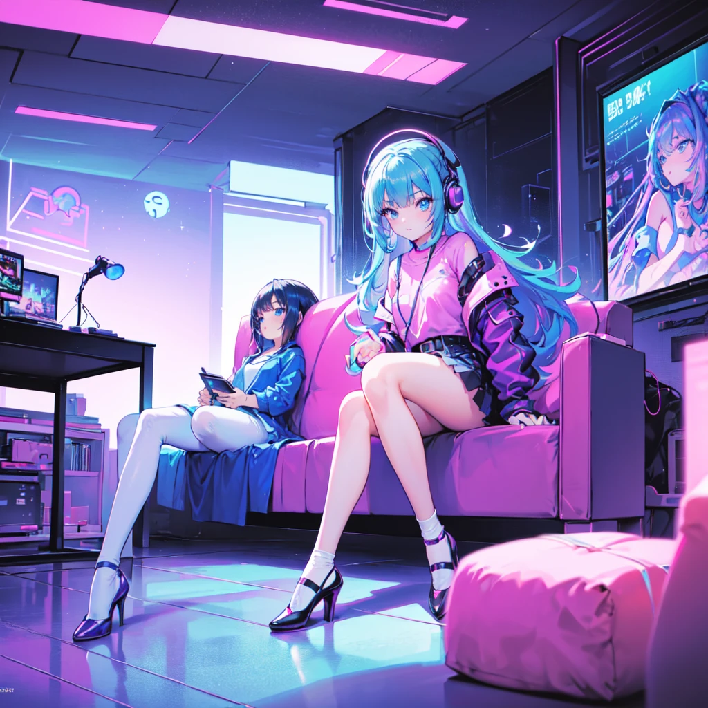 (masterpiece), Highest quality, Expressive eyes, Neon pastel aesthetics, Retro 90s, Neon color,((Girl sitting on sofa,In a cozy room,Records hanging on her wall, Comic books on the floor, Looking out the window behind her at the night city, Upholstered room, Anime figures lined up on a shelf)), Wearing headphones, (All around her it sparkles), (Wearing high socks and heels), (blue eyes), (Soft look), ((Synthwave Art Style)), Colorful Hair, Desk with PC set up