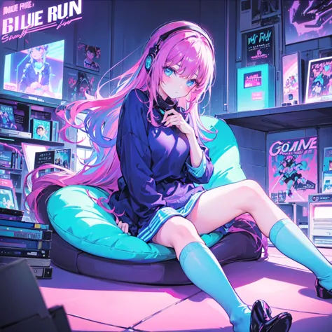 (masterpiece), highest quality, expressive eyes, neon pastel aesthetics, retro 90s, neon color,((girl sitting on sofa,in a cozy ...