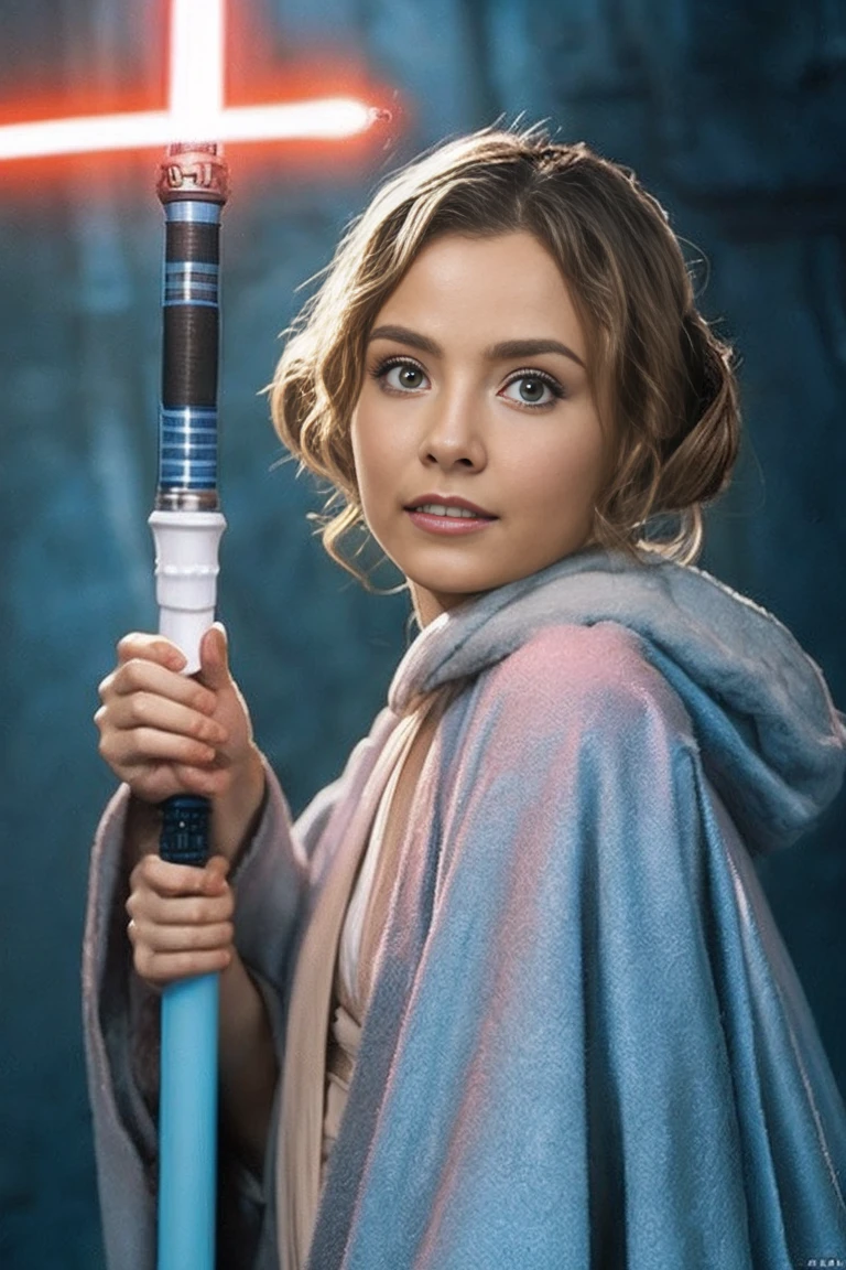 Star Wars, Jedi Master, woman, Beauty, Cute face, , Wearing a Jedi robe, Lightsaber in hand, The blade burns blue, Jedi Temple