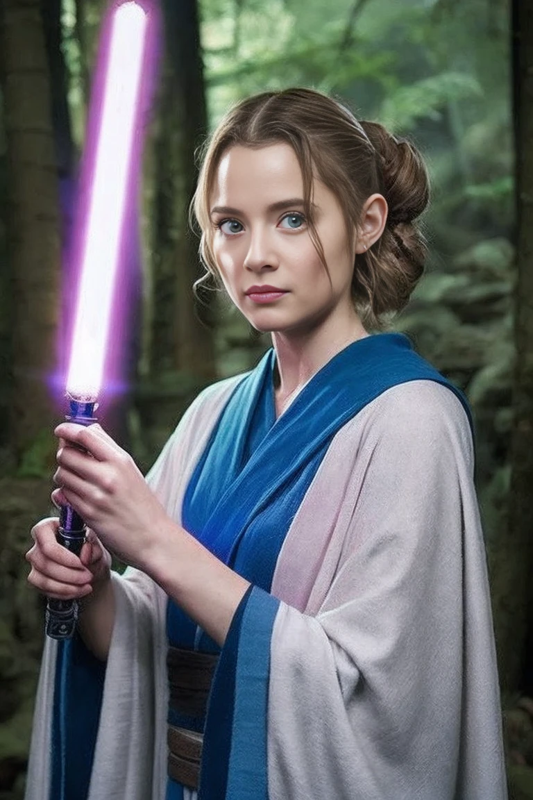 Star Wars, Jedi Master, woman, Beauty, Cute face, , Wearing a Jedi robe, Lightsaber in hand, The blade burns blue, Jedi Temple