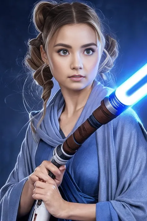 Star Wars, Jedi Master, woman, Beauty, Cute face, , Wearing a Jedi robe, Lightsaber in hand, The blade burns blue, Jedi Temple