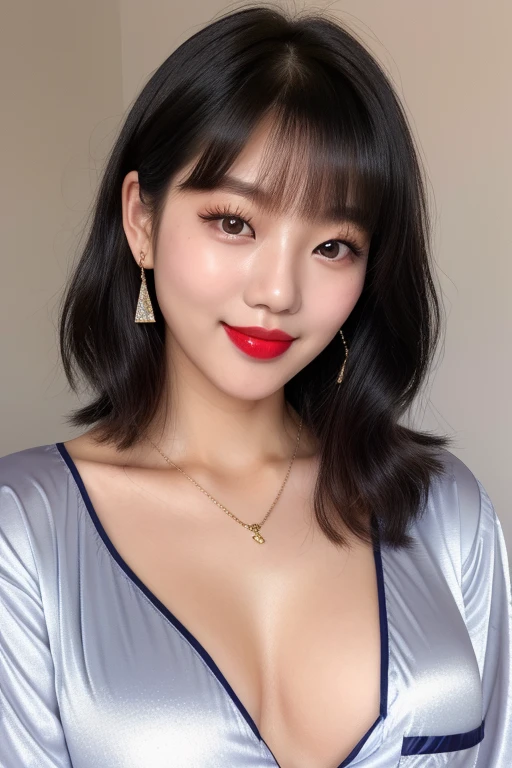 1 korean girl, sexy girl, strikingly beautiful, black hair, big breasts, delicate facial features, porcelain skin, red lips,expressive eyes, (It is a photo of the upper body), beautiful face, Highly detailed face and skin texture, glitter eyeliner: 1.2, natural cheeks, shiny skin, Fair skin, (((wearing pajamas))), sparkly necklace and earrings, (glossy lips: 1. 4), (enchanting smile), (20-year-old), (wavy hair, diagonal bangs), short hair, head band, ((upper body shot)), ((focus on chest and face)), off shoulder、small breasts