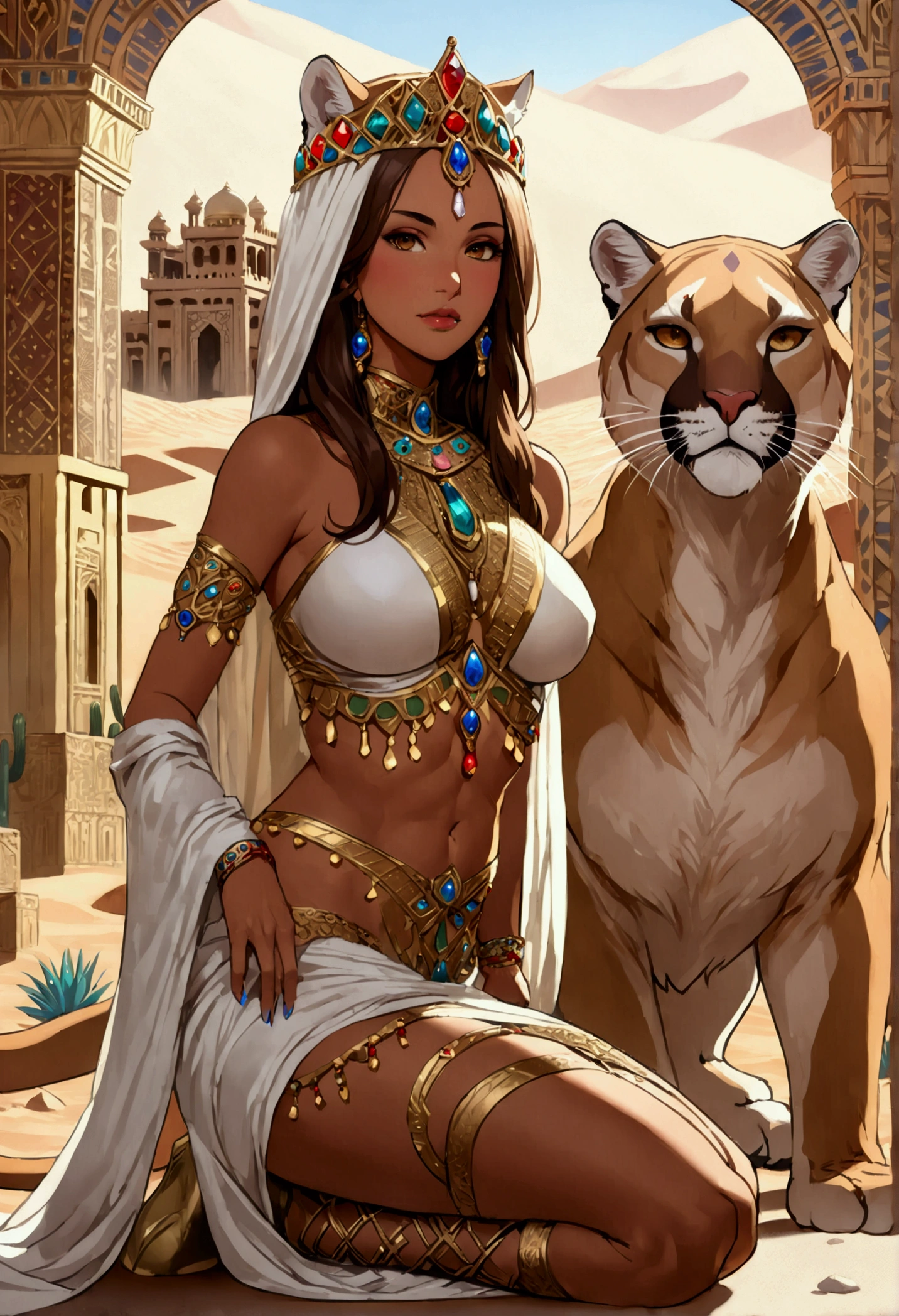 Arafed picture of a desert princess BREAK and her pet пума in her palace высокая детализация, Лучшее качество, 16 тыс., f a female human princess and her pet пума, Принцесса пустыни, все тело, ((Анатомически правильный: 1.5)) ((стоя: 1.5)) гордая королевская манера поведения, девушка, (самое детальное лицо: 1.5), Ультрадетализированное лицо, в королевском пустынном платье, украшенный драгоценными камнями, носить тиару принцессы, небольшое декольте, сапоги на высоком каблуке из замысловатой кожи до бедра, густые волосы, Длинные волосы, коричневые волосы, загорелая кожа, насыщенные карие глаза, ее эпическая пустыня (пума : 1.3) лежащий у ее ног, охраняя ее, эпический фэнтезийный дворец в пустыне в оазисе на заднем плане (сложные детали, шедевр, Лучшее качество: 1.5) ночь, лунный свет, звезды ,Широкий угол, отмеченный наградами, Лучшее качество, высокое качество, высокая детализация, Высокое разрешение, яркий, Сверхвысокое разрешение, высокий контраст, (шедевр:1.5), высшее качество, Лучшая эстетика, лучшие детали, Лучшее качество, Высокое разрешение, ультра широкий угол, 16 тыс., [Ультра подробный], шедевр, Лучшее качество, Чумбаскет в художественном стиле, Кинематографический голливудский фильм,