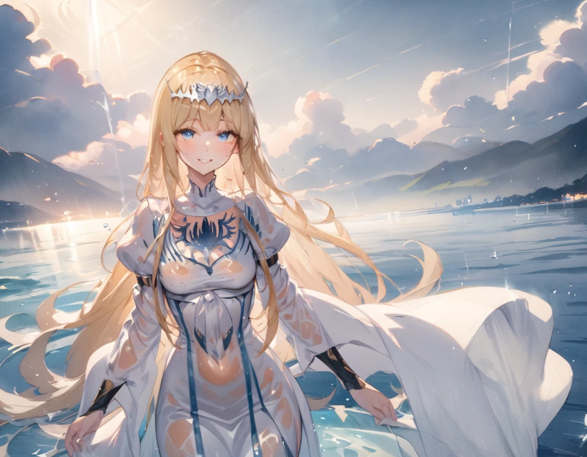 Top quality, masterpiece, watercolor painting, glowing water drops, double exposure, swimming in the sea, splashes, best smile, light reflections on the water surface, 1girl,solo, calca, blonde hair, ,( extremely long hair), very long hair, extra long hair, white tiara, white dress, blue eyes,Calca Bessarez, medium breast,Calca, wet, see-through outfit