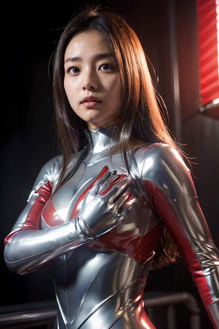 Ultraman、Realistic、Realistic、Cinema Lighting, Girl in shiny red and silver suit、、Professional photos、Don&#39;Do not expose your skin, Japanese Model, japanese cgi、Ultraman Suit、, Power Rangers Suit、Tight and thin cyber suit,The whole body is as soft as rubber.、There&#39;s pink There、 Delicate body, Big Breasts、Small Ass、Thin thighs、Thin arms、Narrow waist、Camel Toe、Both sides of the cybersuit fit snugly against the skin.、Big eyes、Black Short Hair、Look forward、Look forward立っている、A glowing sphere is embedded in his chest..、Essay exam、 Blue sky background