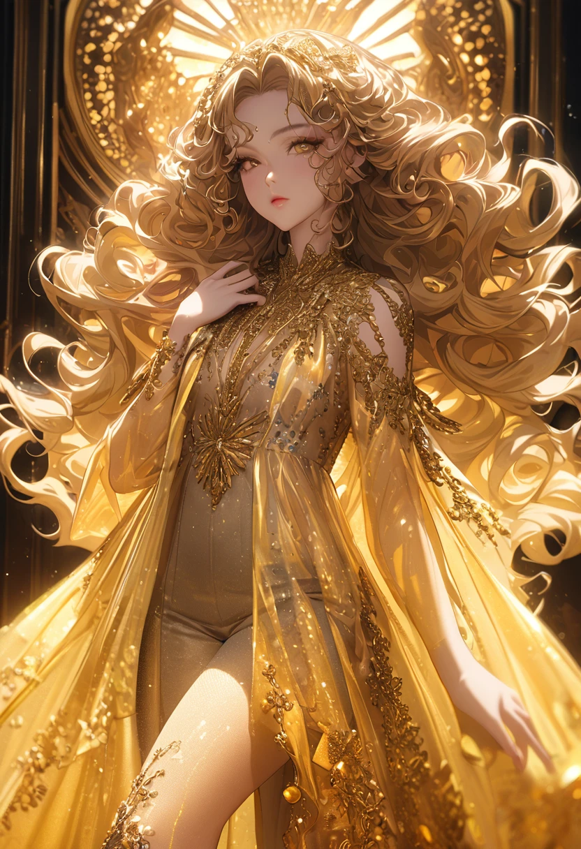 supermodel with detailed long curly frizzy flowy hair, wearing golden (translucent and intricately embroidered), wearing weird future fashion,  luxurious and intricate golden accents, cinematography, intricately detailed, crafted, meticulous, magnificent, maximum details, extremely hyper aesthetic, bokeh, professional photoshoot