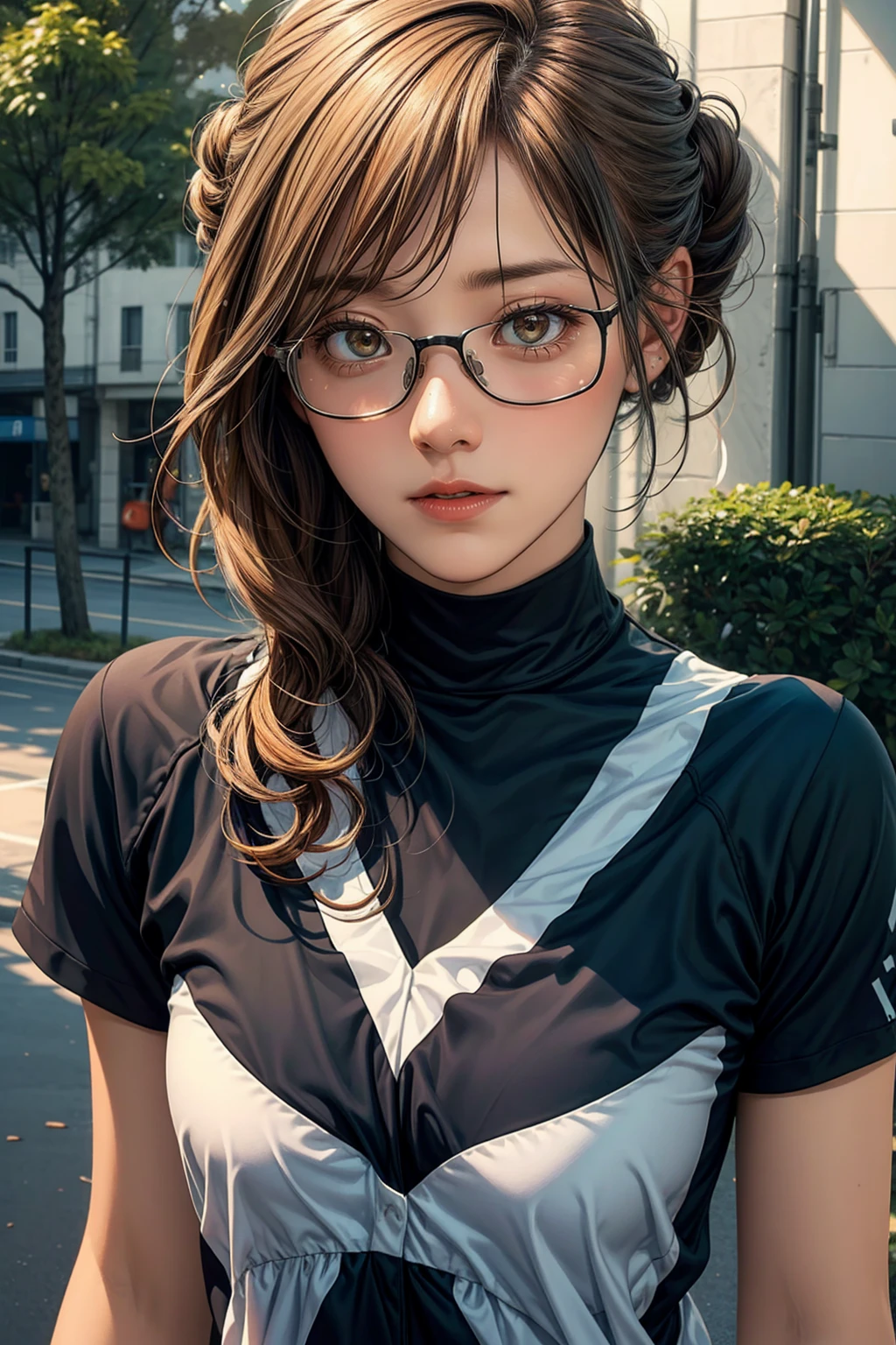 1fille, cheveux chignons blonds, Lunettes, chemise ample blanche, mini-pantalon, chaussures de sport, souriant, tout le corps, parc, (Meilleure qualité,4k,8k,haute résolution,chef-d&#39;œuvre:1.2),ultra-détaillé,(Réaliste,photoRéaliste,photo-Réaliste:1.37),yeux détaillés,lèvres détaillées,visage extrêmement détaillé,long cils,Beau,illustration,peinture numérique,Éclairage cinématographique,Couleurs vives,tons de couleurs chaudes