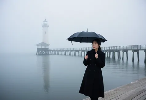 beautiful 36 year old korean woman, 짧은 middle 머리, black coat, black umbrella, 멀리 fog속 등대 불빛, cool,rain,blur,fog,middle,cool,bori...